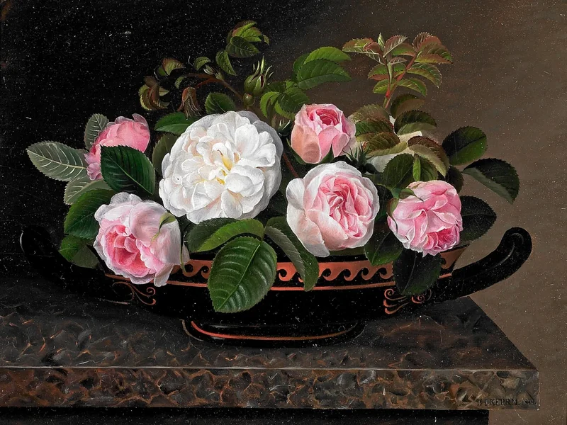 1826-Hansine Kerrn Eckersberg - Composizione con rose rosa in una classica fioriera greca su una struttura in pietra - 1844